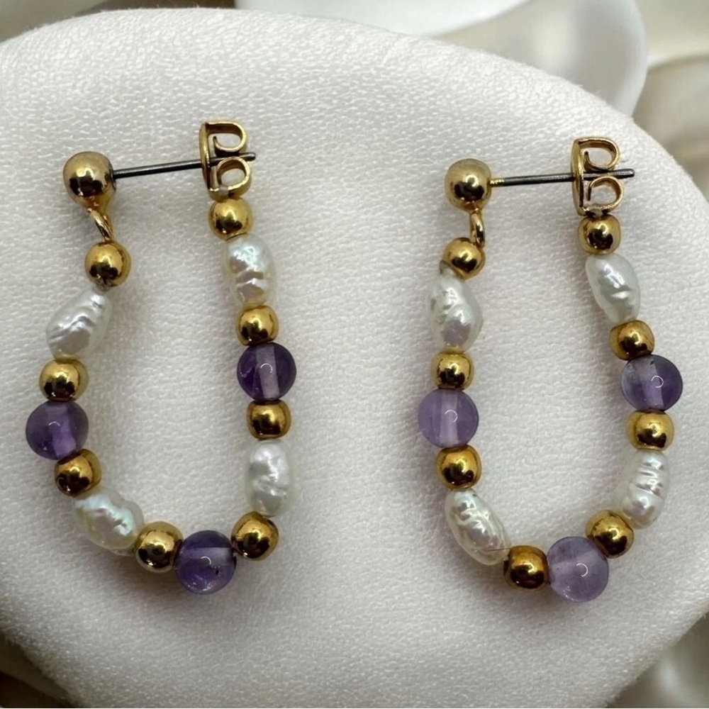 Boho Chic Gold Hoop Earrings with Amethyst & Pearls - Picture 7 of 7